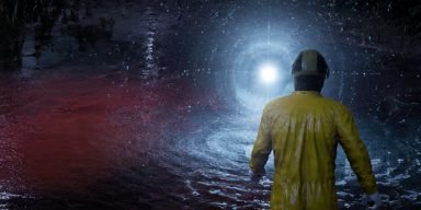 A survivor in a yellow hazmat suit approaches a glowing anomaly.